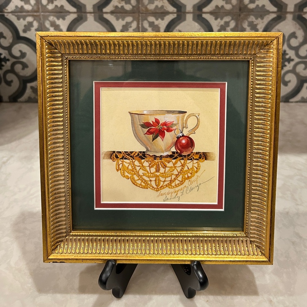SIGNED BY THE ARTIST! Vintage Framed Teacup Art by Sandy Lynam Clough- EUC